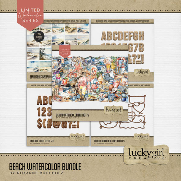 Create beautiful watercolor beach pages for all your summer vacation, beach, sea, coastal, and ocean adventures using these unique embellishments, beach dune papers, rope frames, and 2 alpha sets by Lucky Girl Creative digital art for digital scrapbooking. Great for holidays to Hawaii, the Caribbean, Florida, California, the Outer Banks, the Pacific Northwest, and the New England shoreline. Embellishments include bird, Blue footed Booby, flamingo, heron, crane, pelican, sandpiper, seagull, crab, and more.