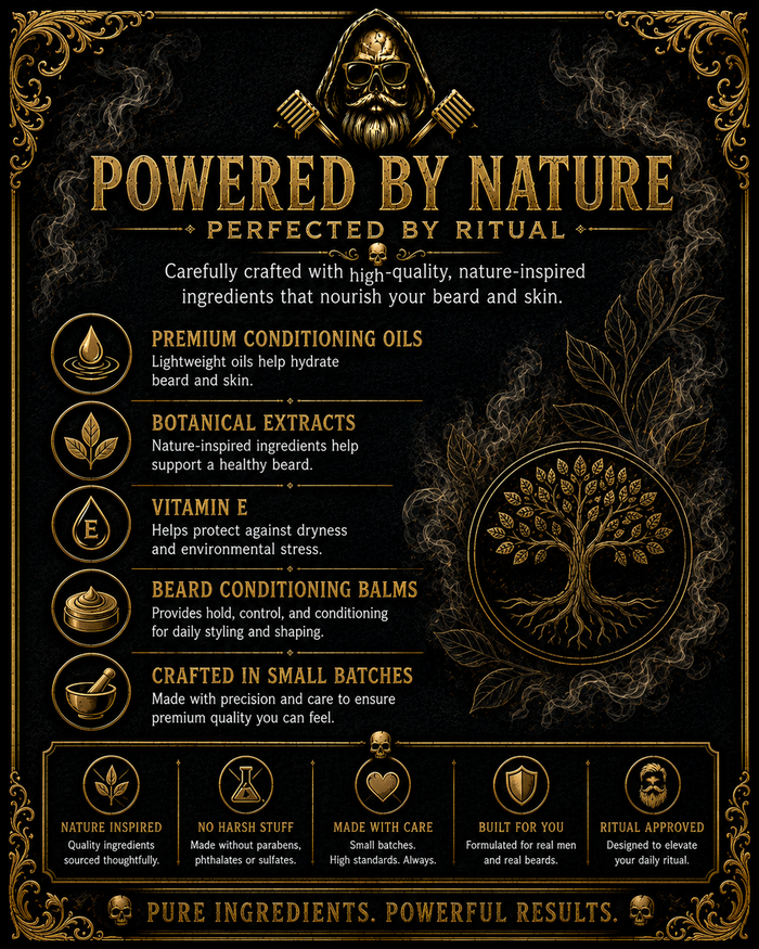 Death By Citrus Beard Oil & Balm – powered by nature perfected by ritual – premium conditioning oils hydrate beard and skin, botanical extracts support a healthy beard, vitamin E protects against dryness and environmental stress, beard conditioning balms provide hold control and conditioning, crafted in small batches – nature inspired no harsh stuff made with care built for you ritual approved – pure ingredients powerful results – Groom Reaper