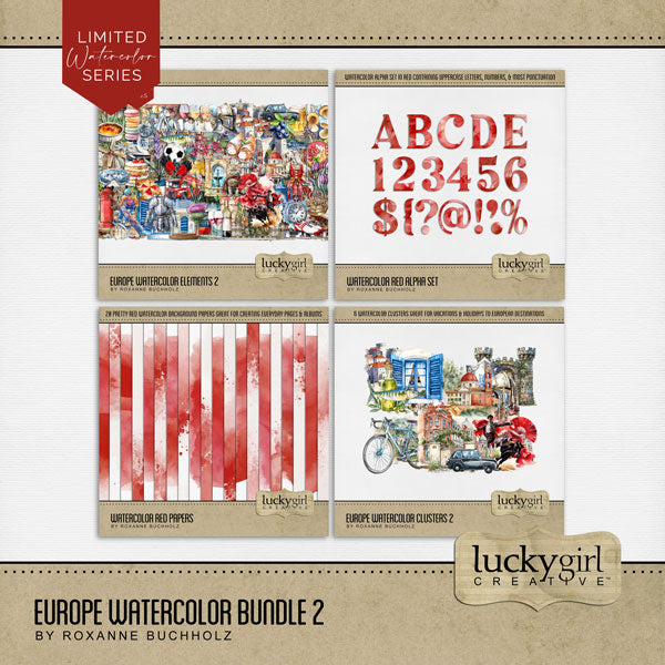 Add these beautiful watercolor embellishments, papers, clusters, and alpha set by Lucky Girl Creative digital art to all your digital scrapbooking pages to easily create memorable European pages and albums! Great for vacations and holidays to Europe including Austria, Belgium, Germany, France, Denmark, Greece, Italy, Netherlands, Holland, Portugal, Spain, Switzerland, England, Wales, Ireland, Scotland, United Kingdom, the British Isles, and more!