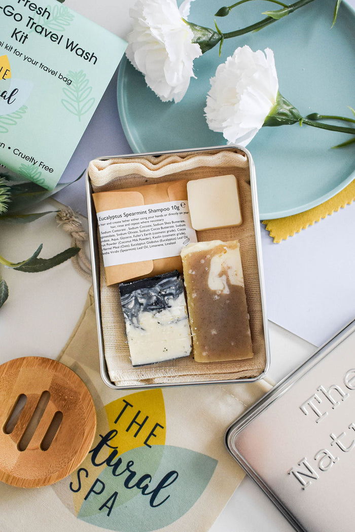 fresh on the go travel was kit, gift set, travel tin, travel-sized, hand luggage, solid toiletries, plastic-free, vegan, inside