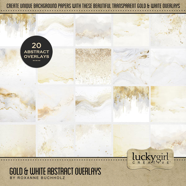 Add beautiful transparent overlays by Lucky Girl Creative digital art to all your digital scrapbooking pages! In hues of gold, white, and gray, the abstract marbled overlays add so much warmth and depth to all your memory keeping projects. Try layering over different colored digital papers to create a one-of-a-kind look! Great for celebrations including wedding, anniversary, birthday, graduation, and more! This kit is included in the Gold & White Abstract Papers & Overlays Kit.