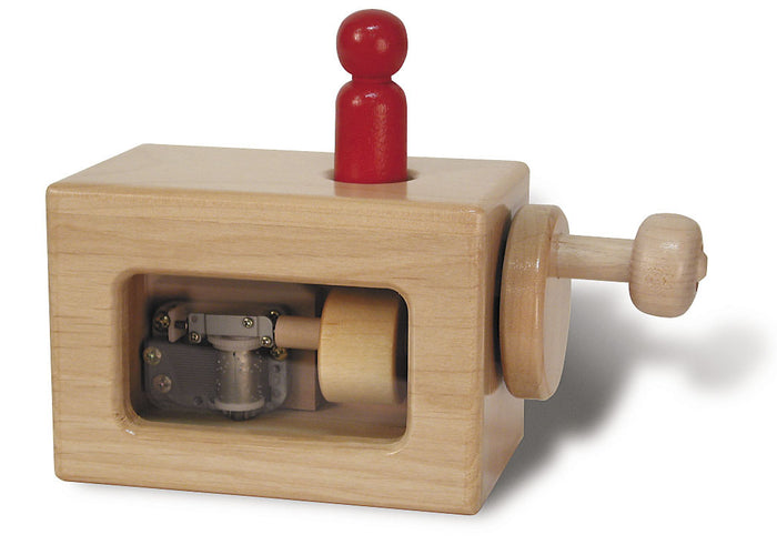 Music Box solid hardwood crank toy with visible mechanical element and red wooden figure bobbing on top