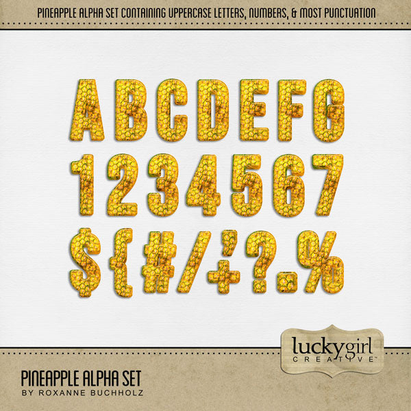 Showcase your favorite pie recipes, cookbook favorites, desserts, cocktails, and tropical summer vacation activities with these fun digital scrapbooking alphabet letters, numbers, and punctuation by Lucky Girl Creative digital art great for creating one-of-a-kind page titles. This alpha set consists of a full set of digital art uppercase letters A-Z, numbers 0-9, and most punctuation. This alpha set is available as individual embellishments only.