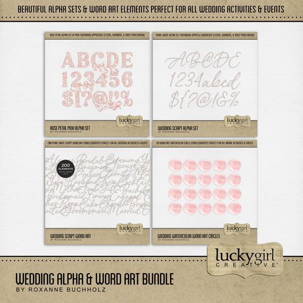 Add elegant pearl script and watercolor word art embellishments plus two alpha sets by Lucky Girl Creative digital art to all your wedding pages to create one-of-a-kind digital scrapbooking page titles, party invitations, and decor. Great for anniversary, birthday party, wedding invitations, bridal shower, and bachelorette parties, too! Easily colorized to fit your colors by changing the hue! Word art embellishments include altar, always, &, and, anniversary, are, aunt, bachelor, bachelorette, and more.
