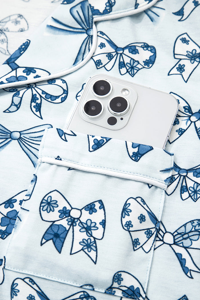 Sky Blue Bow Print Short Pajama Set