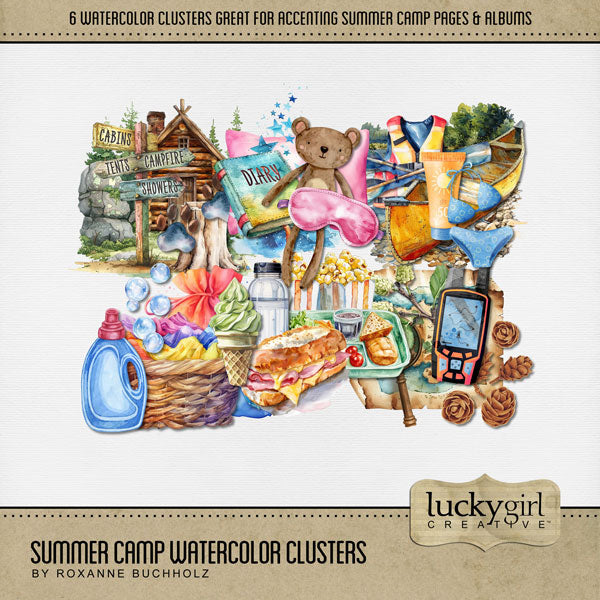 Fun begins at Summer Camp while exploring the outdoors and nature! Accent your favorite camping pages with these fun cluster embellishments by Lucky Girl Creative digital art for digital scrapbooking! Cluster embellishments include map, GPS, geocaching, laundry, cabin, directional sign, paw prints, teddy bear, diary, pillow, sandwich, ice cream, cafeteria lunch tray, popcorn, and water bottle. This kit is included in the Summer Camp Watercolor Bundle.