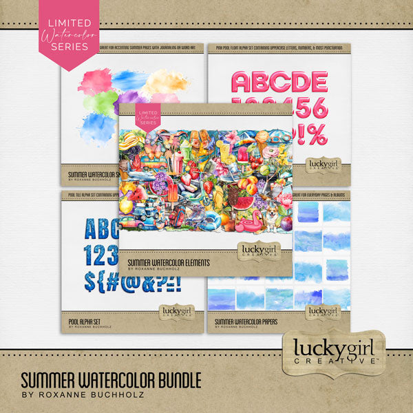 Capture all your fun summertime activities and travel destinations with this beautiful digital scrapbooking watercolor collection by Lucky Girl Creative digital art filled with embellishments, papers, and 2 alpha sets. Embellishments include bird, hummingbird, butterfly, grill, barbeque, BBQ, beach chair, beach umbrella, Corgi, hammock, beach, book, diary, car, auto, van, sun dress, lemonade stand, lemonade, smoothie, milkshake, strawberry, cocktail, beverage, fence, flower, lilac, wisteria, and more.
