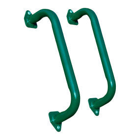 16 Inch Metal Safety Handles by Gorilla Playsets, green steel swing set grips mounted flush against wooden beam