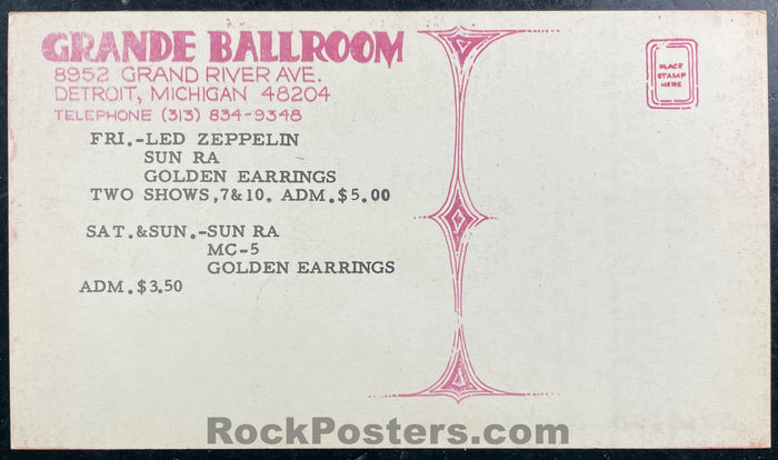 AUCTION - Led Zeppelin - MC5 Sun Ra - 1969 Postcard - Grande Ballroom - Near Mint Minus