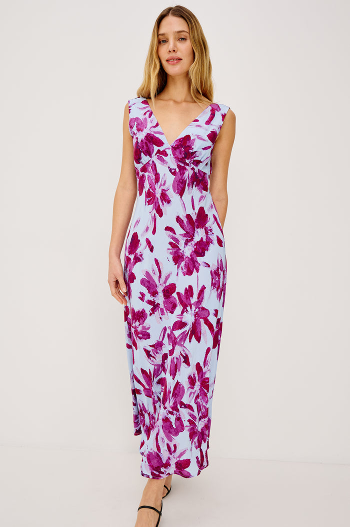 Audrina Sleeveless Midi Dress with Wide Shoulder Straps, a Deep V Neck and V-Back, and an Empire Waist in Blue Lily Colorway - full body front view on model