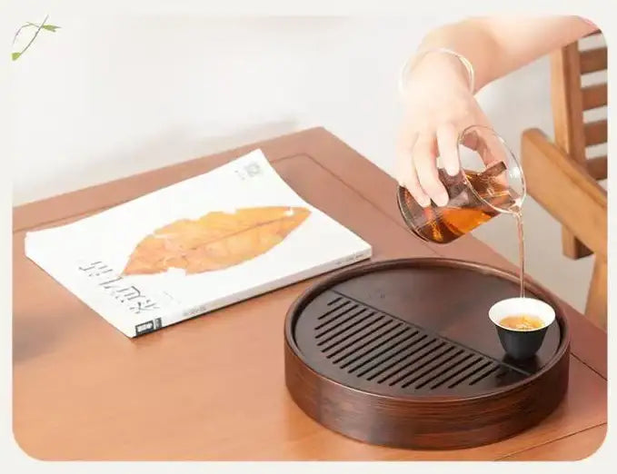 Bamboo Round Tea Tray with Plastic Water Tank 4 Variations - photo 2