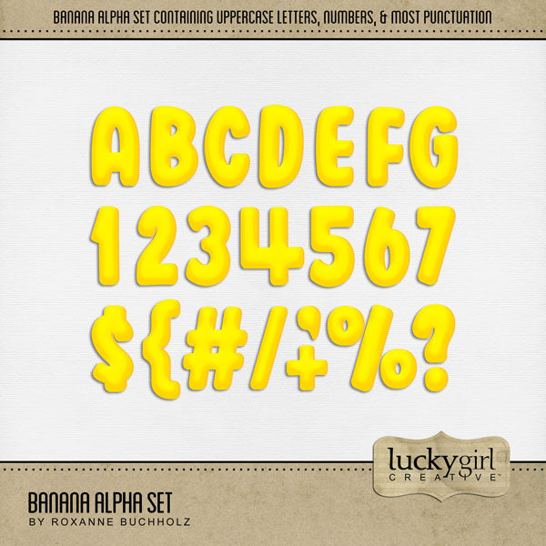 Showcase your favorite pie recipes, cookbook favorites, desserts, and tropical summer vacation activities with these fun digital scrapbooking alphabet letters, numbers, and punctuation by Lucky Girl Creative digital art great for creating one-of-a-kind page titles. This alpha set consists of a full set of digital art uppercase letters A-Z, numbers 0-9, and most punctuation. This alpha set is available as individual embellishments only.
