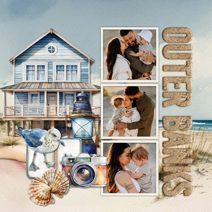 Create beautiful watercolor beach pages for all your summer vacation, beach, sea, coastal, and ocean adventures using these unique embellishments, beach dune papers, rope frames, and 2 alpha sets by Lucky Girl Creative digital art for digital scrapbooking. Great for holidays to Hawaii, the Caribbean, Florida, California, the Outer Banks, the Pacific Northwest, and the New England shoreline. Embellishments include bird, Blue footed Booby, flamingo, heron, crane, pelican, sandpiper, seagull, crab, and more.