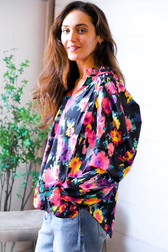 Bold and Blooming Bubble Sleeve Woven Blouse