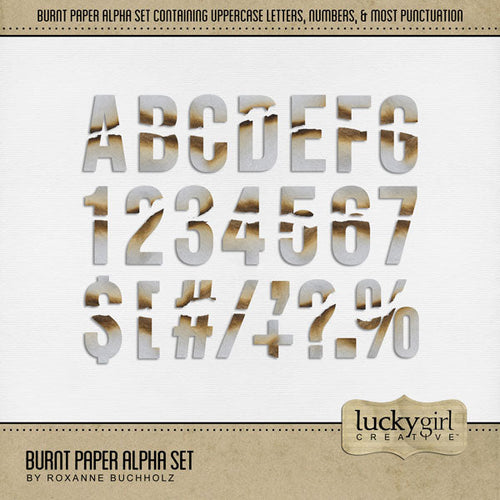 These burnt paper alphabet and number digital scrapbooking embellishments by Lucky Girl Creative digital art are easy to use for western-inspired digital scrapbook page titles including travels to the Southwest (Arizona, Colorado, Utah, Nevada, New Mexico), cowboy and cowgirl dances and hoedowns, rodeo and ranch events, ghost towns, vacations to the desert, Mexico, Nashville, Wild West, and so much more! Great for natural disasters, forest fires, family history, heritage, and genealogy pages, too!