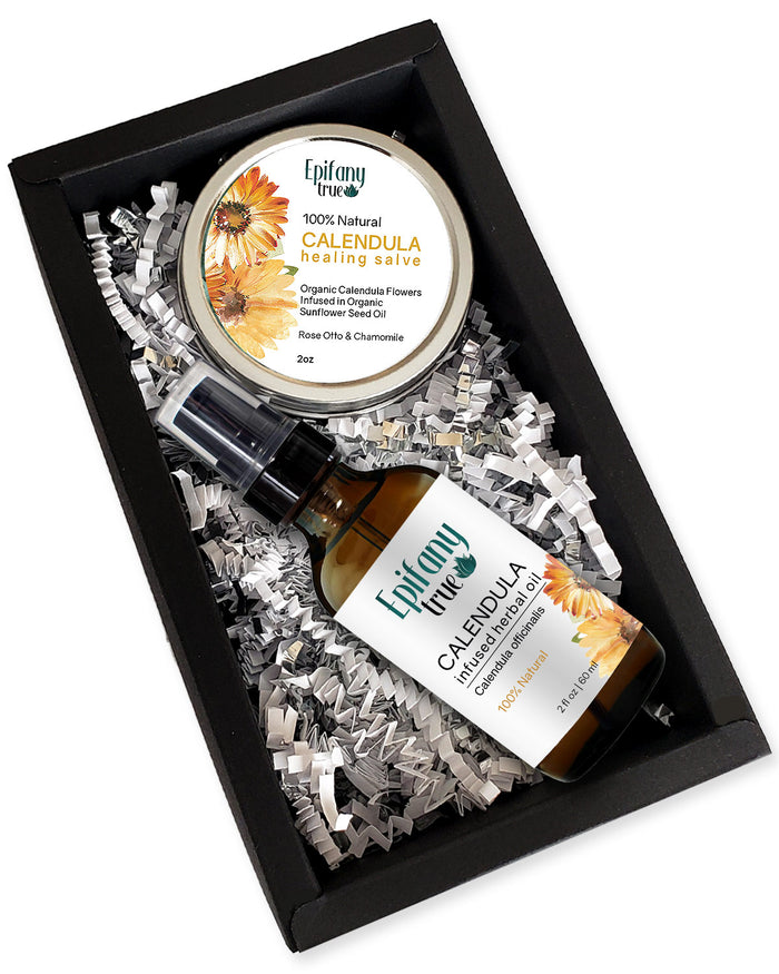 Epifany True Calendula Oil and Calendula Healing Salve 2oz Gift Set open box