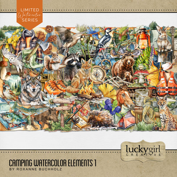Travel and explore the outdoors and nature with your favorite digital scrapbooking watercolor camping supplies, hiking and climbing gear, fishing tackle, flora and fauna, and wildlife embellishments by Lucky Girl Creative digital art. Great for nature and outdoors, camping, hiking, vacations to national and state Parks, and more. Embellishments include animals, bear, Canadian goose, owl, bird, woodpecker, boar, hog, bunny rabbit, chipmunk, fox, deer, stag, Doodle dog, fish, bass, pike, frog, lynx, and more.