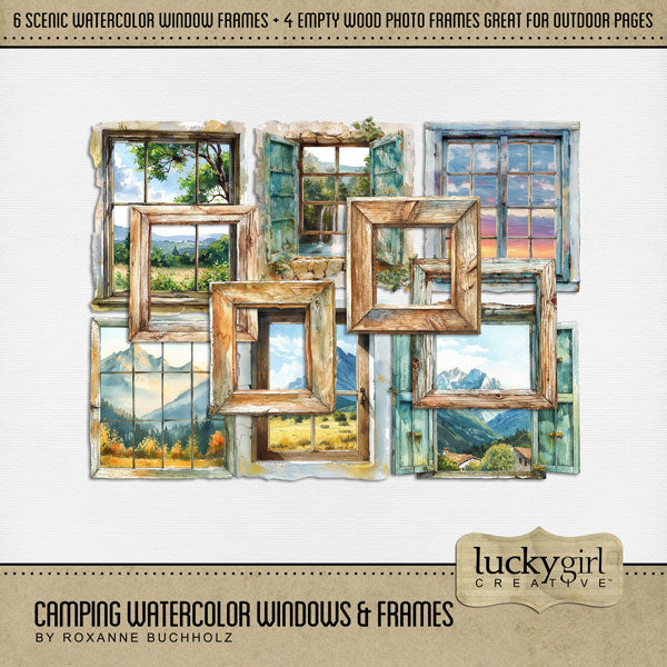 Create beautiful pages with these watercolor scenic window and wood frame embellishments by Lucky Girl Creative digital art that can be used on camping and outdoor digital scrapbooking layouts to create a one-of-a-kind look. Great for nature and outdoors, camping, hiking, vacations to national and state Parks, and more. Embellishments include 6 window frames filled with landscapes such as meadow, waterfall, sky, and mountains as well as 4 empty wood frames to accent your favorite photos.