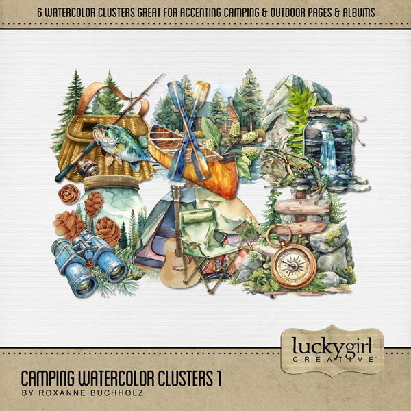 Easily create beautiful pages with these watercolor cluster embellishments by Lucky Girl Creative digital art that can be used on camping and outdoor digital scrapbooking layouts to create a one-of-a-kind look. Great for nature and outdoors, camping, hiking, vacations to national and state Parks, and more. Embellishments include compass, directional sign, rocks, boulders, fishing gear, fishing pole, tent, guitar, camping chair, waterfall, frog, canoe, binoculars, pinecones, and more.