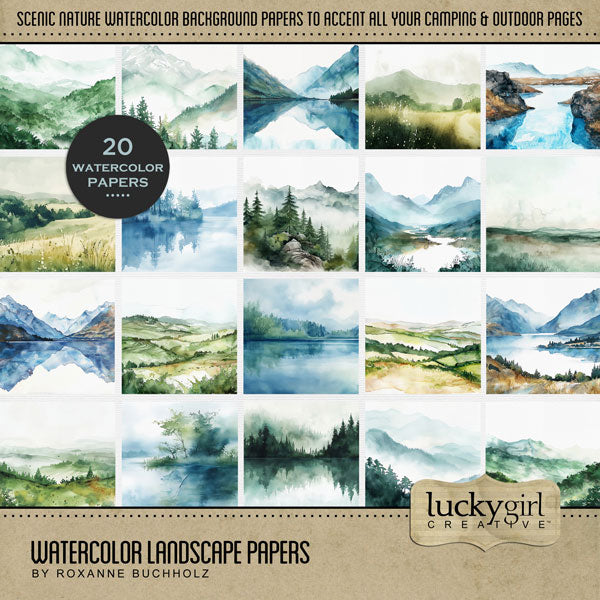 Create beautiful digital scrapbooking pages with these vintage watercolor background papers by Lucky Girl Creative digital art  that can be used on camping and outdoor layouts to create a one-of-a-kind look. Great for nature and outdoors, camping, hiking, vacations to national and state Parks, and more. Scenic nature scenes include forest, pine, evergreen, meadow, mountain, river, and lake. This kit is included in the Camping Watercolor Bundle 1.