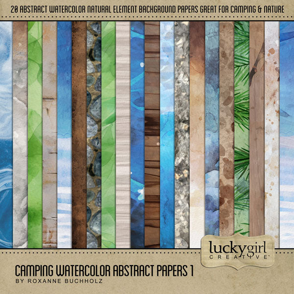 Create beautiful digital scrapbooking pages with these abstract watercolor background papers by Lucky Girl Creative digital art that can be used on camping and outdoor layouts to create a one-of-a-kind look. Great for nature and outdoors, camping, hiking, vacations to national and state Parks, and more. Papers include natural elements such as stone, rock, water, wood, plants, greenery, pine, evergreen, fur, bark, and more! This kit is included in the Camping Watercolor Bundle 1.