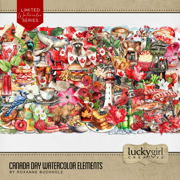 Accent your digital scrapbooking pages with these watercolor embellishments by Lucky Girl Creative digital art that can be used on Canada Day and Canadian themed pages and more. Embellishments include bear, beaver, blue jay, Canadian goose, cardinal, bird, Mallard, duck, deer, salmon, fish, moose, raccoon, seal, wolf, backpack, balloon, banner, bunting, maple leaf, boots, flag of Canada, heart, cowboy hat, beer, whiskey, Bloody Mary, cocktail, coffee, sparkler, fireworks, berries, poppy, and more.