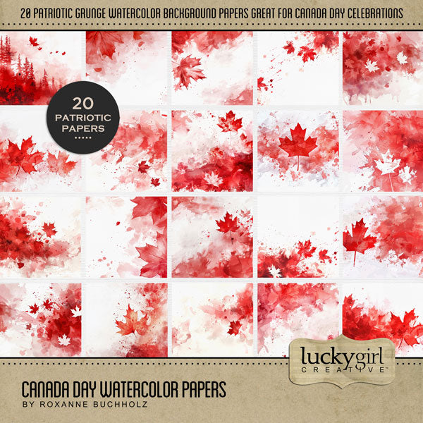 Accent your digital scrapbooking pages with these grunge red and white maple leaf background papers by Lucky Girl Creative digital art that can be used on Canada Day and Canadian themed pages and more. This kit is included in the Canada Day Watercolor Bundle.