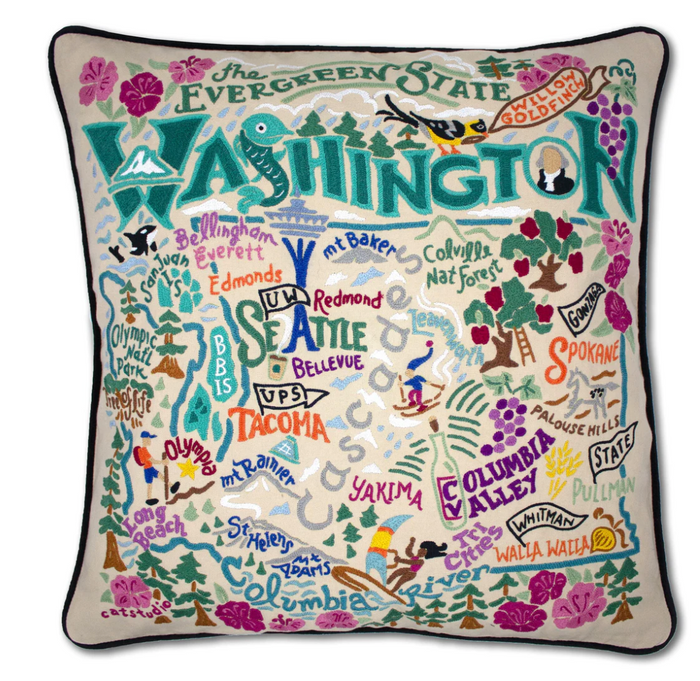 Catstudio- Washington Hand-Embroidered Pillow - Pine & Moss