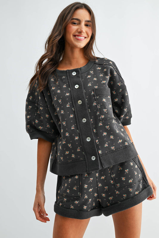CES26930 Floral Print Short Sleeve Top Set Pocket Shorts