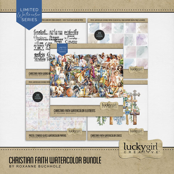 Add inspirational religious watercolor embellishments, pretty papers, and word art by Lucky Girl Creative digital art to all your digital scrapbooking pages of faith and church events! Great for communion, baptism, wedding, Christmas, and Easter albums, too. Embellishments include Jesus, Christ, God, cross, altar, communion, angel, baby Jesus, manger, baptism font, priest, father, Bible, bread, fish, camel, wisemen, candle, chalice, church, bell, hat, pew, temple, chapel, jug, clouds, sunrays, and more.