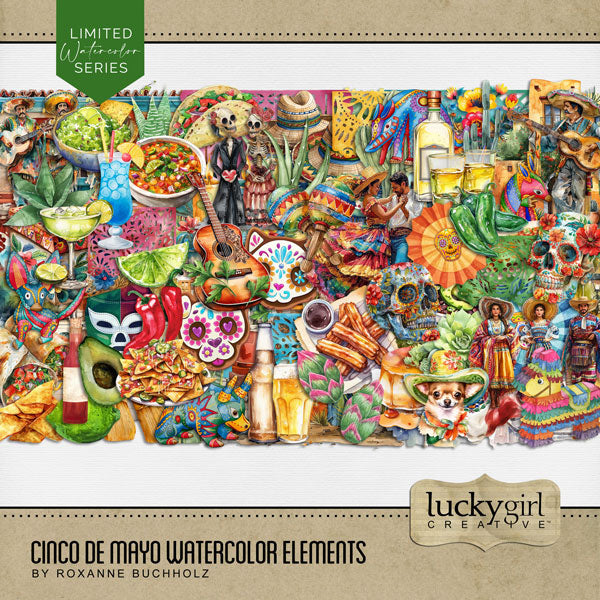 Add these beautiful watercolor embellishments by Lucky Girl Creative digital art to all your digital scrapbooking pages to help you celebrate Cinco De Mayo, Taco Tuesday, and the Day of the Dead with style! Great for vacations to Mexico, Arizona, New Mexico, and Texas, too! Embellishments include Chihuahua dog, arch, cactus, succulent, cactus flower, sombrero, candles, cookies, cat, dog, dancers, gift box, sign, beer bottle, beer, cocktail, margarita, tequila, paper fan, flag of Mexico, folk art, and more.