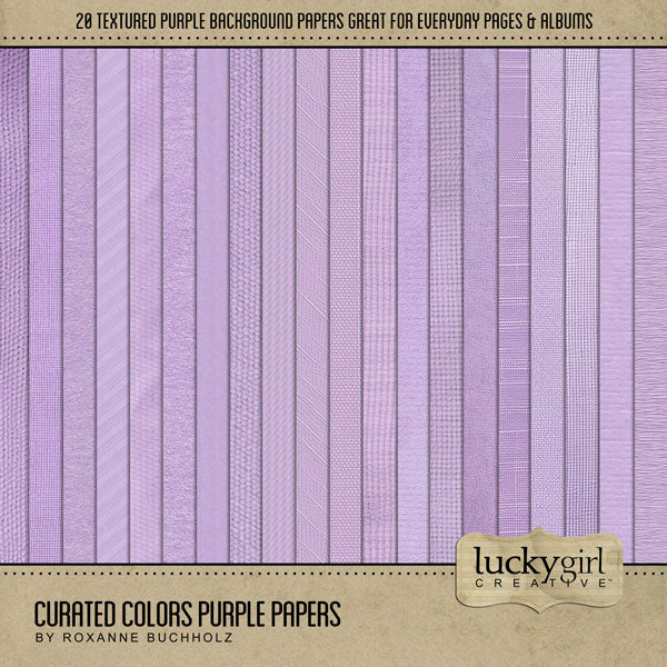 Collect the entire series of Curated Colors by Lucky Girl Creative digital art! Access your digital art in easy-to-use coordinated color palettes. Add these purple textured backgrounds to all your digital scrapbooking pages and mix-and-match them on various projects throughout the year! This kit is included in the Curated Colors Purple Bundle and the Curated Colors Purple Kit.