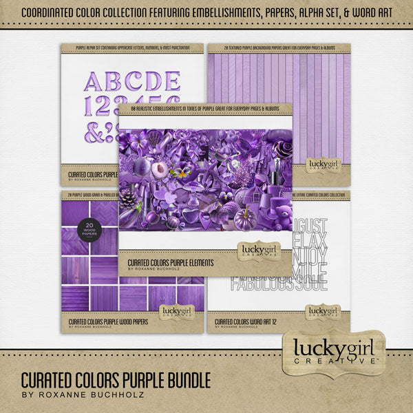 Collect the entire series of Curated Colors by Lucky Girl Creative digital art! Access your digital art in easy-to-use coordinated color palettes. Add these purple embellishments, textured and wood papers, alpha set, and everyday wire word art to all your digital scrapbooking pages and mix-and-match them on various projects throughout the year! Purple embellishments include bird, butterfly, bag, balloon, star, berry branch, shampoo, button, candle, candy, heart, denim jacket, dress, jacket, and more.