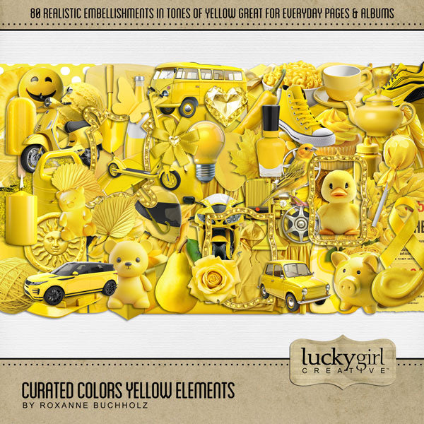 Collect the entire series of Curated Colors by Lucky Girl Creative digital art! Access your digital art in easy-to-use coordinated color palettes. Add these yellow embellishments to all your digital scrapbooking pages and mix-and-match them on various projects throughout the year! Embellishments include canary bird, balloon, book, butterfly, candle, car, auto, van, automobile, cheese, dress, gown, raincoat, sweater, hoodie, sweatshirt, tank top, coat check, happy face, envelope, film projector, and more.