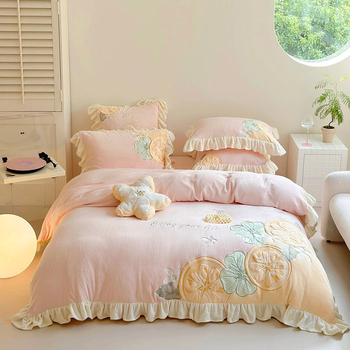 Cute Cartoon Lemon Embroidered Milk Fleece Winter Thickened Bedding Set