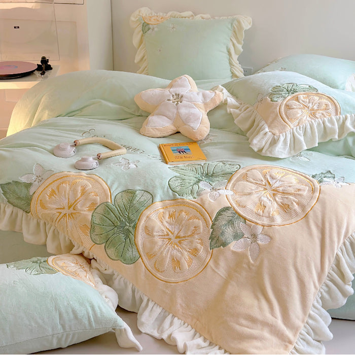 Cute Cartoon Lemon Embroidered Milk Fleece Winter Thickened Bedding Set