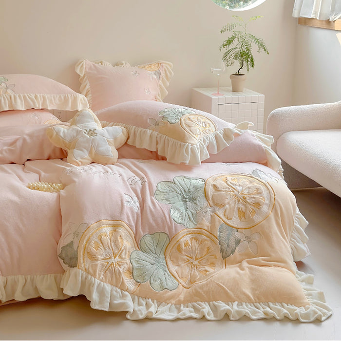 Cute Cartoon Lemon Embroidered Milk Fleece Winter Thickened Bedding Set