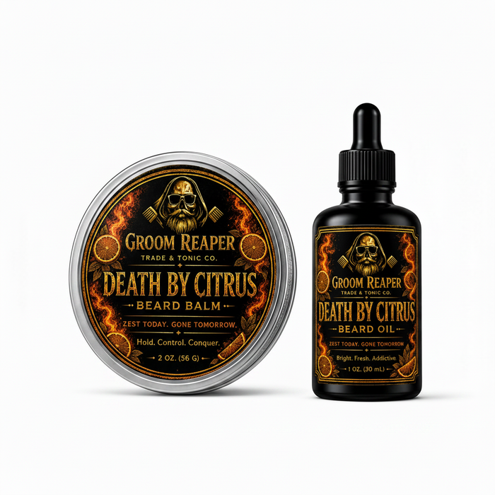 Groom Reaper Death By Citrus Beard Oil & Balm 2-Piece Set – The Morning Ritual – zest today gone tomorrow – bright citrus and bergamot scent – 1 oz beard oil and 2 oz beard balm – small-batch beard care bundle for men