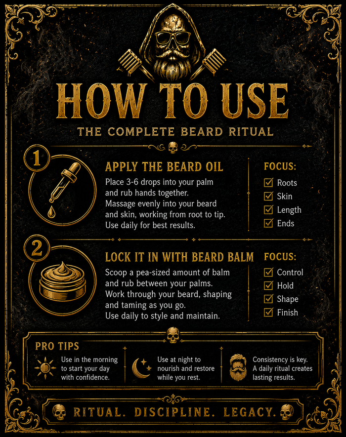 Death By Citrus Beard Oil & Balm – how to use the complete beard ritual – step 1 apply beard oil 3 to 6 drops massaged from root to tip focus on roots skin length and ends – step 2 lock it in with beard balm scoop pea-sized amount work through beard for control hold shape and finish – pro tips use morning for confidence use at night to nourish and restore consistency is key – ritual discipline legacy – Groom Reaper