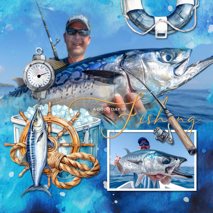 These watercolor embellishments and abstract water papers by Lucky Girl Creative digital art are the perfect addition to any summer fishing trip, ocean adventure with friends, or saltwater offshore fishing digital scrapbooking pages. Perfect for vacations to Florida, California, the Caribbean, Hawaii, and more. Embellishments include pelican, bird, seagull, fish, lobster, shark, shrimp, bucket of fish, hat, rain jacket, cooler, insulated bag, ice, pier, dock, rope, wharf, depth finder, angler, and more.