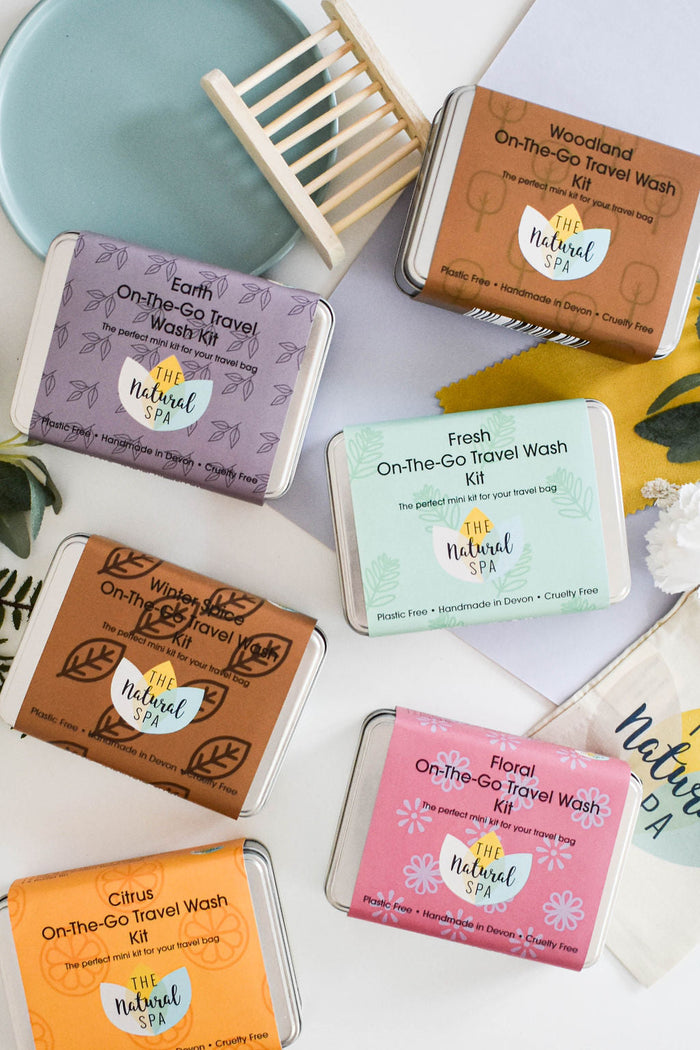 earth on the go travel was kit, gift set, travel tin, travel-sized, hand luggage, solid toiletries, plastic-free, vegan