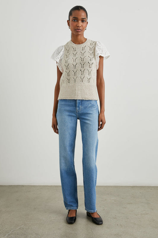 Everly Top with a Knit Bodice with Ribbed Trim and a Crew Neck and White Cotton Short Sleeves with Eyelets In Oat Colorway - Front Full Body View Featured on Model