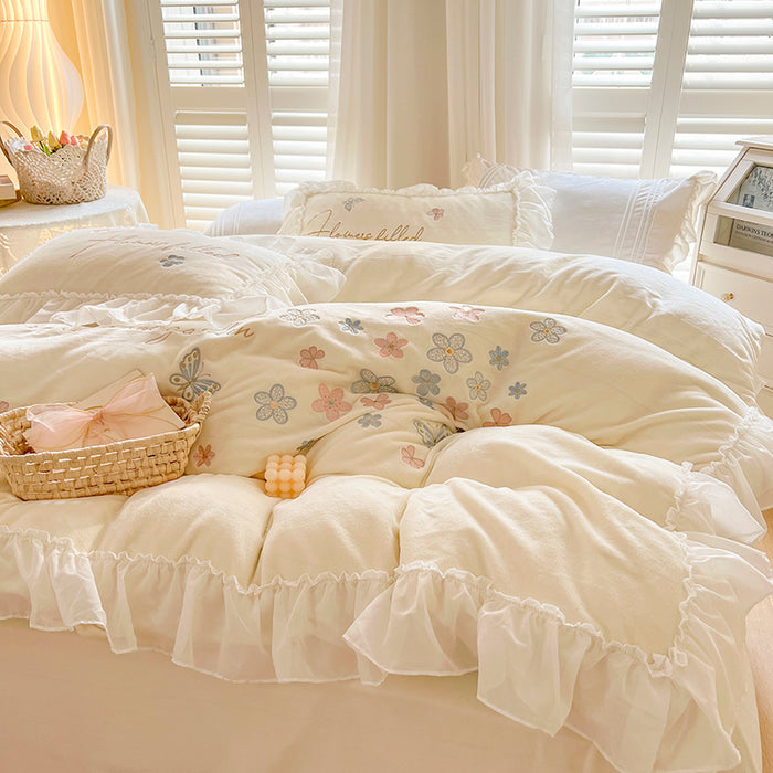 French Floral Butterfly Embroidered Thickened Milk Fleece Lace Edged Bedding Set