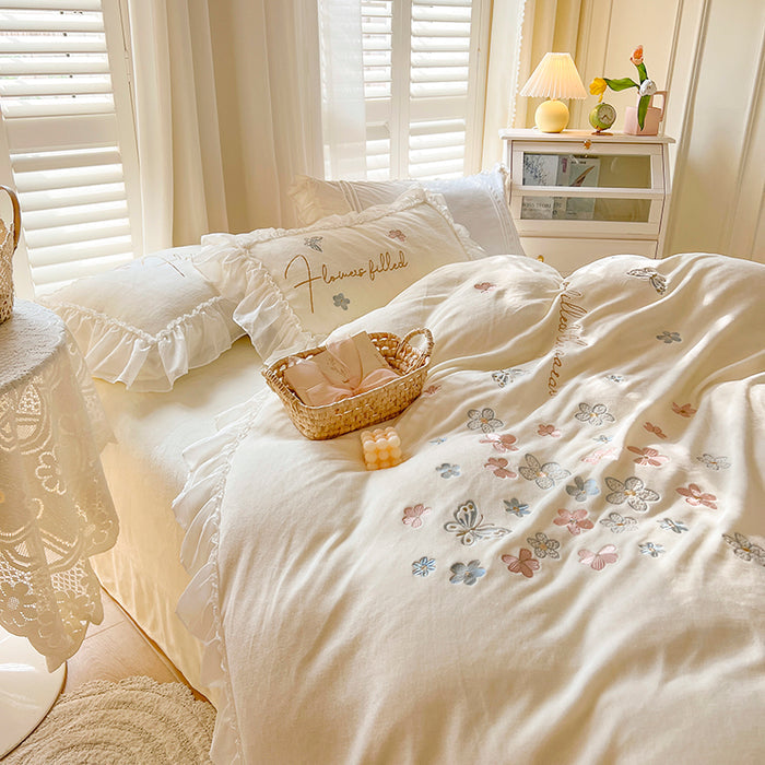 French Floral Butterfly Embroidered Thickened Milk Fleece Lace Edged Bedding Set