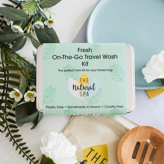 fresh on the go travel was kit, gift set, travel tin, travel-sized, hand luggage, solid toiletries, plastic-free, vegan