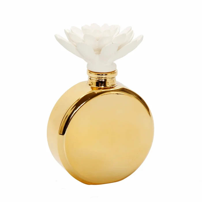 Gold Bottle Diffuser with White Flower, "Iris & Rose" Scent