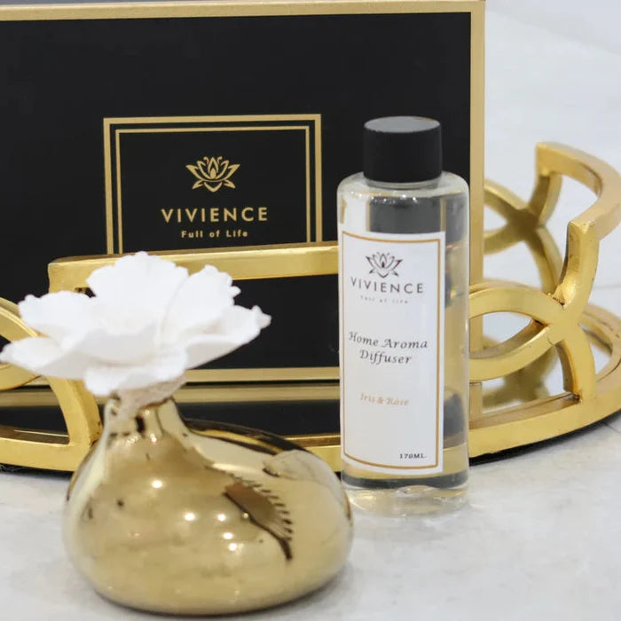 Gold Diffuser with Dimensional White Flower, “Iris and Rose” aroma