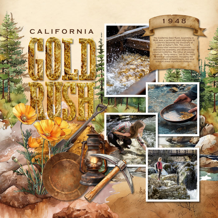 These digital scrapbooking watercolor embellishments, papers, clusters, and alpha sets by Lucky Girl Creative digital art are easy to use for western-inspired digital scrapbook page pages and outdoor and nature adventures. Use for documenting the California Gold Rush, Alaska and Yukon gold mine adventures, family history, heritage, genealogy, hiking, and camping vacations. The Gold Rush began in 1848 at Sutter's Mill. Immigrants came from around the world causing the growth of settlements and deforestation.