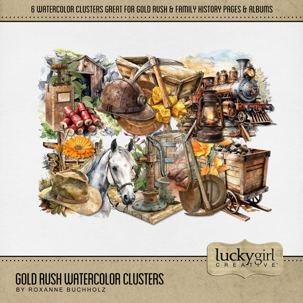 These digital scrapbooking cluster embellishments by Lucky Girl Creative digital art are easy to use for western-inspired digital scrapbook page pages and outdoor and nature adventures. Use for documenting the California Gold Rush, Alaska and Yukon gold mine adventures, family history, heritage, genealogy, hiking, and camping vacations. Elements include mine cart, shovel, California poppy, train, lantern, pickaxe, mine entrance, dynamite, horse, hat, water pump, barrel, wood, and pan for mining gold.