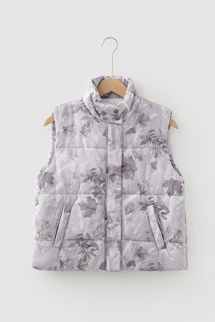 Gray Camo Leaf Print Winter Puffer Vest